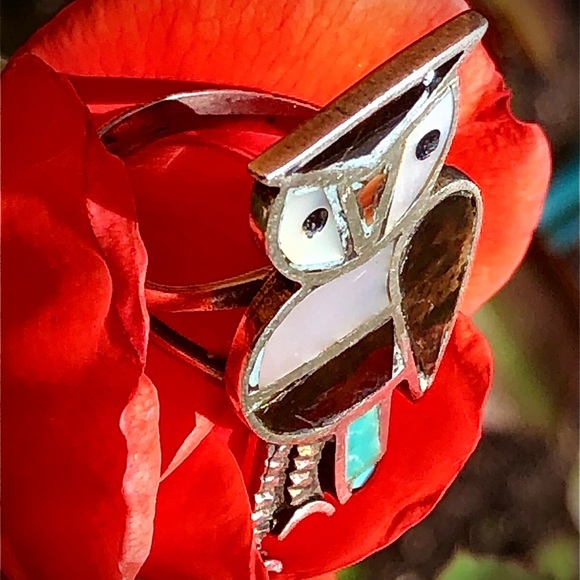 ⭐️💲SOLD💲⭐️ Vintage Sterling Silver & Stones Navajo Owl Ring - Picture 9 of 16